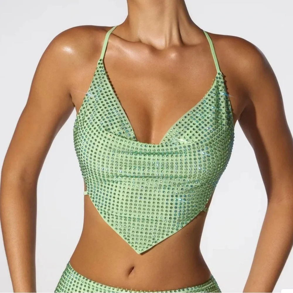 OH POLLY size 2 (S) Light Green Rhinestone Embellished Top great for going out🪩 - Picture 1 of 5